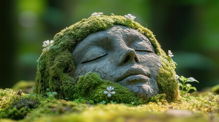 Obraz premium Old android face embraced by vibrant moss and delicate flowers in a lush forest setting