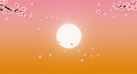 Cherry Blossom Sunset:  A delicate cascade of pink cherry blossoms falls gracefully against a vibrant sunset sky, with a glowing full moon adding a touch of magic to the scene. 