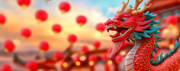 Chinese dragon celebrating lunar new year with red lanterns at sunset