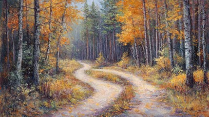 Obraz premium Serene Autumn Pathway Through Golden Forest