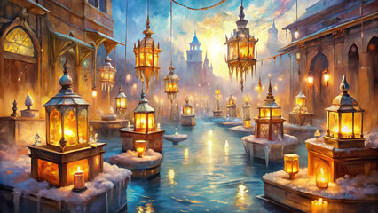Obraz premium Magical floating lanterns illuminate serene waterway in dreamy, golden cityscape