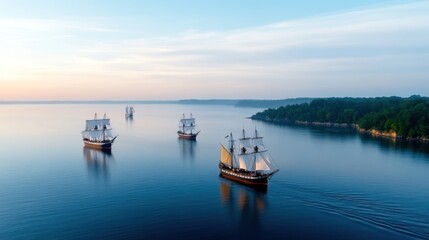 Fototapeta premium A serene scene of historic ships sailing on calm waters at dawn.