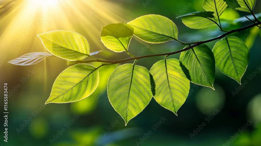 Poster sunlight filters through green leaves in a tranquil forest setting during late afternoon hours