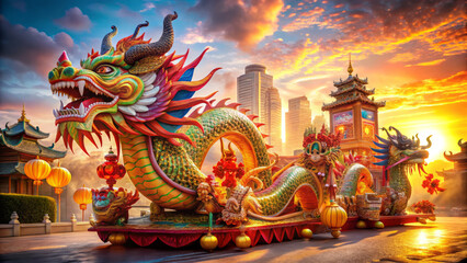 Fototapeta premium Majestic dragon float in vibrant Lunar New Year parade at sunset