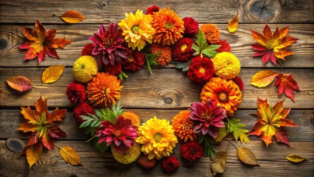 A rustic wooden backdrop adorned with a vibrant wreath of fall foliage and colorful blossoms, creating a captivating autumnal scene.