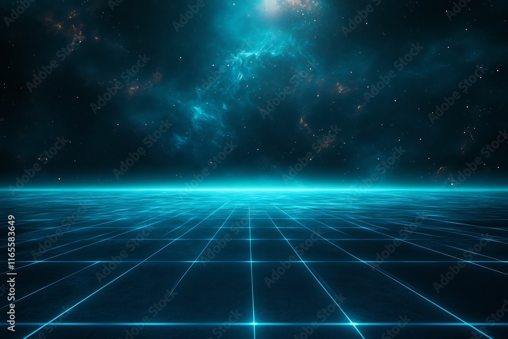 Poster futuristic digital landscape with glowing neon grid pattern and geometric shapes in a dark space env