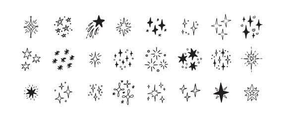 Star Shine Sparkle Hand Drawn Doodle set. Glitter Icon