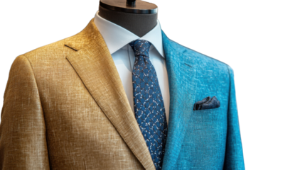 beige and blue suite on mannequin isolated on white background