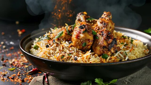 Delicious chicken biryani bowl with fragrant rice, garnished with fresh herbs and spices, perfect meal for food lovers and delightful cuisine experience.