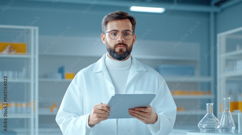 Poster scientist in lab coat holding a tablet in a laboratory setting.