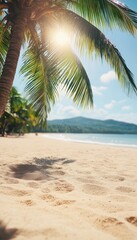 Obraz premium Tropical Paradise Sun-Kissed Palm Fronds and Pristine Sands on a Serene Island Beach