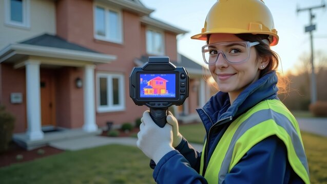 Thermal Imaging Inspection:  A young female construction worker smiles confidently, holding a thermal imaging camera that displays a house's heat signature.