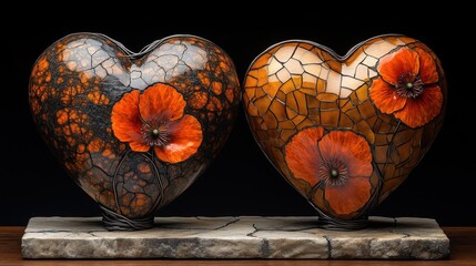 Dark charred heart bound in sharp wire with vibrant floral designs creates a striking contrast in a unique art display