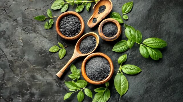 Various bowls of black cumin seed and powder arranged with fresh green leaves on a dark stone background