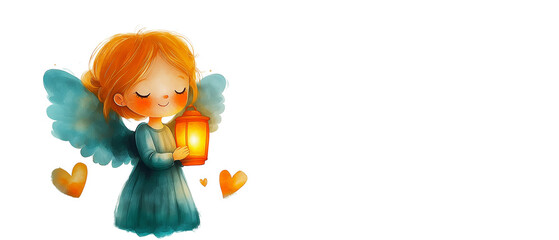 Fototapeta premium Little Angel with Lantern: A sweet and charming illustration of a little angel holding a glowing lantern, surrounded by hearts. Perfect for adding a touch of innocence and hope to your designs. 