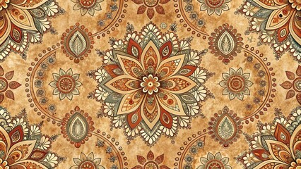 A seamless pattern of intricate floral motifs in warm tones on a textured beige background, creating a captivating tapestry of traditional artistry.