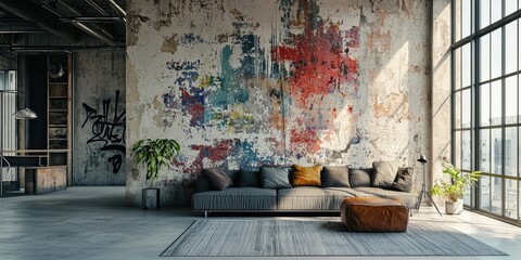 Grunge wallpaper with layered graffiti and concrete textures in a creative loft