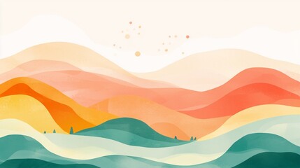 Fototapeta premium Abstract landscape painting of colorful rolling hills and mountains.