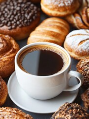 Aromatic Bakery Treats Surrounding a Steaming Coffee Cup in a Cozy Bistro Setting