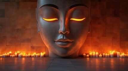 Mystical stone face surrounded by flickering candles in an ancient temple ruin illuminated by golden light