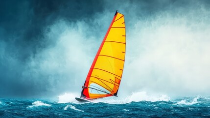 Colorful Windsurfing Sail Against Stormy Sea and Dramatic Sky Background