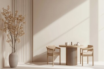 3D rendered illustration of a beige brown room featuring a table and chair