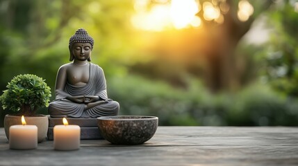 Buddha statue sits peacefully next to flickering candles and a meditation bowl, surrounded by lush greenery at sunset. Warm light enhances the calming atmosphere of this mindful space.