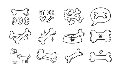 Hand drawn doodle bone for dogs set. Outline isolated drawing bones on white background. Line bone icons. 