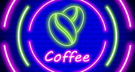 A vibrant neon sign with two coffee beans and the word 