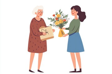 Fototapeta premium A caring millennial daughter surprises her delighted elderly mother with flowers and a gif