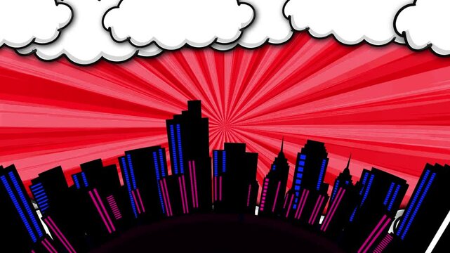 Retro Style Comic Book Background Animation. Comic City High Speed Line Animation With Building, Clouds Animation Comic Skyline Building Moving. Comic Building 2d Cartoon Animation Background,
