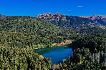 Drone footage of the blacklake located among the pine forests in the province of Artvin.