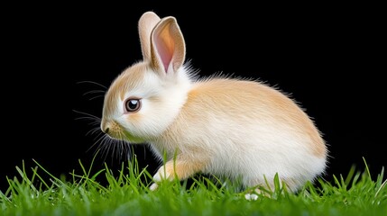Obraz premium A cute rabbit sitting on green grass against a black background.