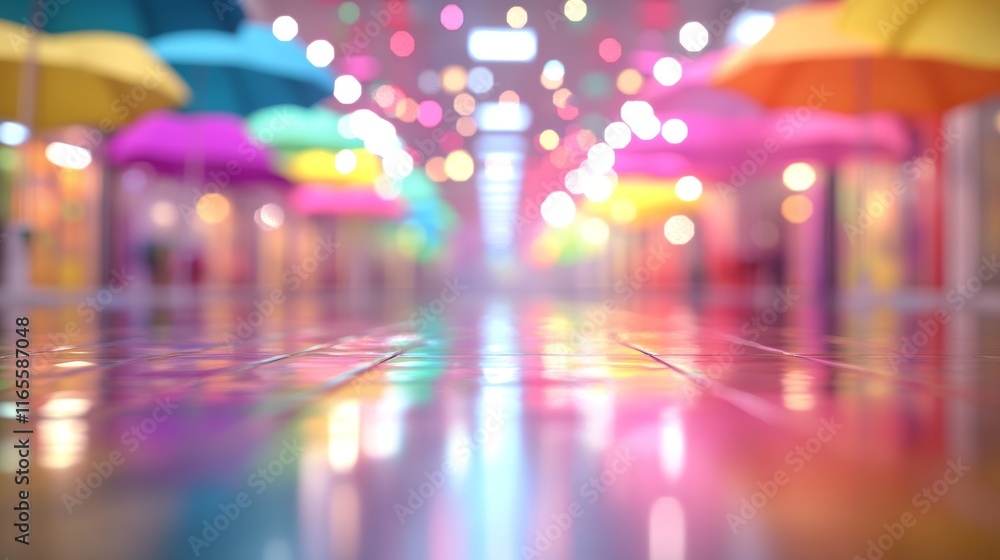 Poster colorful umbrellas and blurred lights create a fun summer background in an empty shopping arcade.