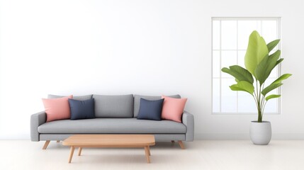 Modern living room with a gray sofa, pillows, and a plant.
