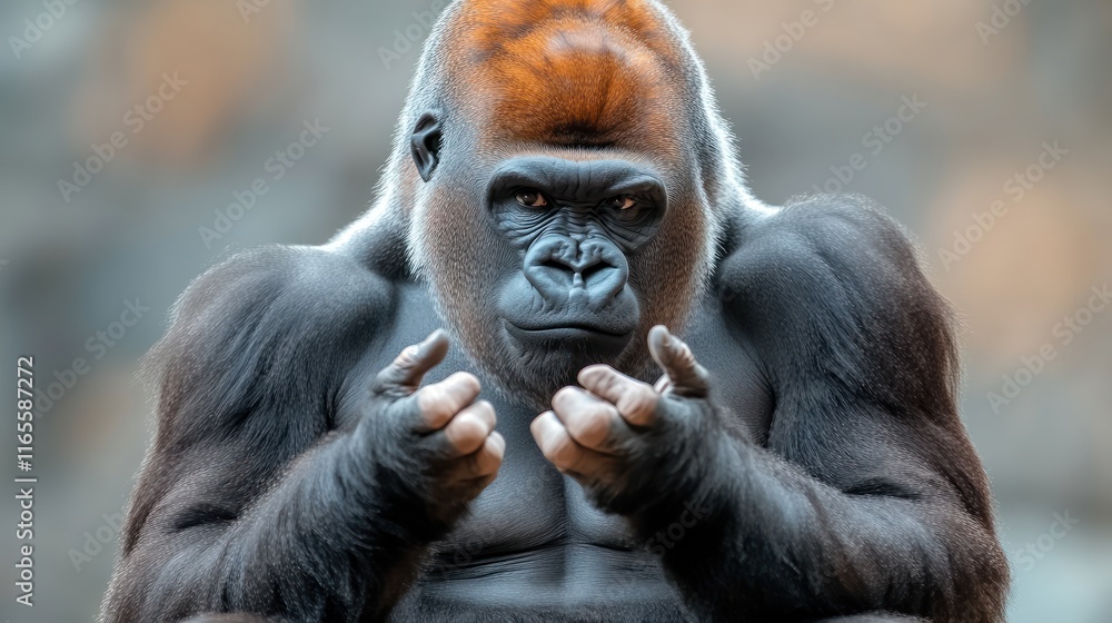 Poster A close-up of a gorilla displaying an expressive gesture.