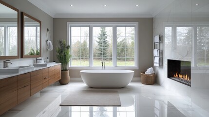 Luxury ensuite bathroom with fireplace modern home interior design tranquil environment open view of nature sophisticated concept for relaxation