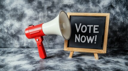 A red megaphone is next to a blackboard that says 