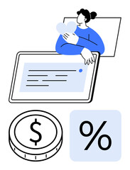 Woman holding hearts near a tablet, financial document, dollar coin, and percentage symbol. Ideal for finance, budgeting, banking, earning, investments online payments abstract line flat metaphor