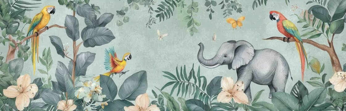 Fototapeta Jungle animal wallpaper featuring elephants and parrots in a whimsical nursery