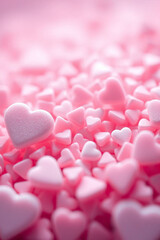 Obraz premium close-up of many small pink heart-shaped candies,sprinkles. ,a sweet, romantic,festive background,Valentine's Day, love themes, and confectionery designs. Soft focus and shallow depth,dreamy effect.