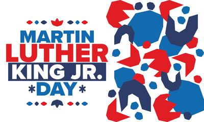 Martin Luther King, Jr. Day. Celebrated annual in United States in January, federal holiday. African American Rights Fighter. Patriotic american elements. Poster, card, banner, background. Vector