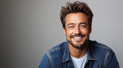 Fototapeta premium A man with a beard and a smile is wearing a blue jacket
