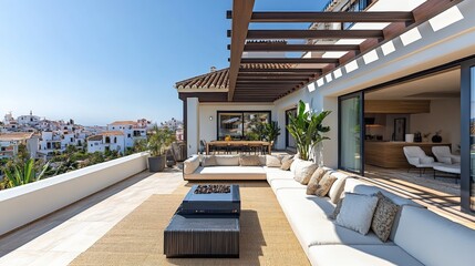Luxury rooftop terrace with built-in bbq coastal villa modern architecture sunlit environment panoramic view outdoor living concept