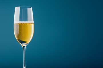 Close up of a Sparkling Golden Drink in a Tall Stemmed Glass Against a Vibrant Blue Background