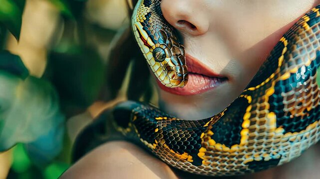 woman hugging snake portrait. Selective focus. Nature.