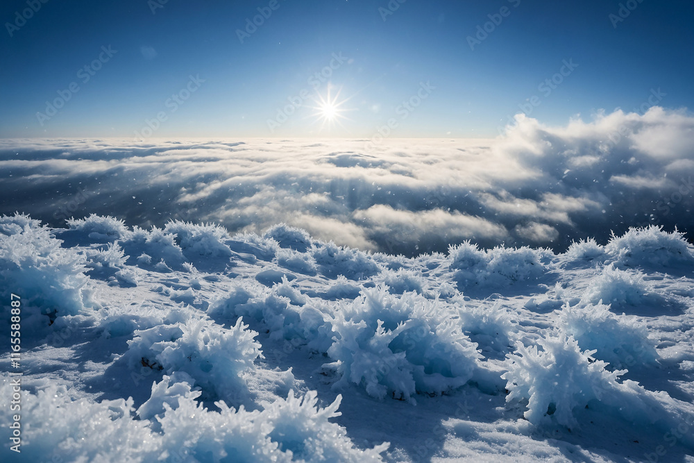 Poster fluffy clouds in the sky with sun rays breaking through, creating a peaceful and uplifting atmospher