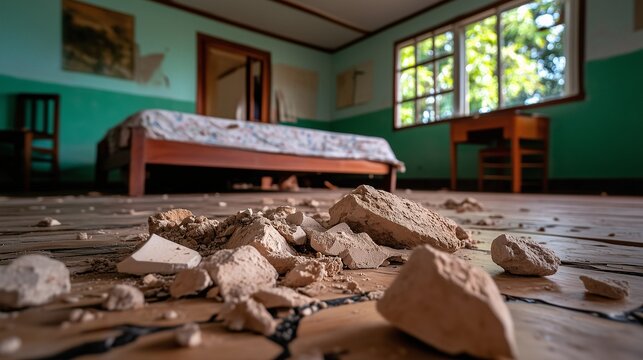 Crumbled plaster debris scattered across a damaged wooden floor in an abandoned bedroom with sunlight streaming in.