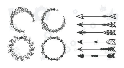 Obraz premium Collection of floral frames with silhouettes of branches, leaves and flowers. Hand drawn elegant delicate botanical borders and wreaths. Vector isolated elements for wedding invitation, card, logo
