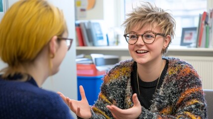 Two women are talking in a classroom